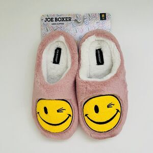 JOE BOXER Pink Yellow Mr. Winkey Smiley Face Faux Fur Slip On Slippers - M (7-8)